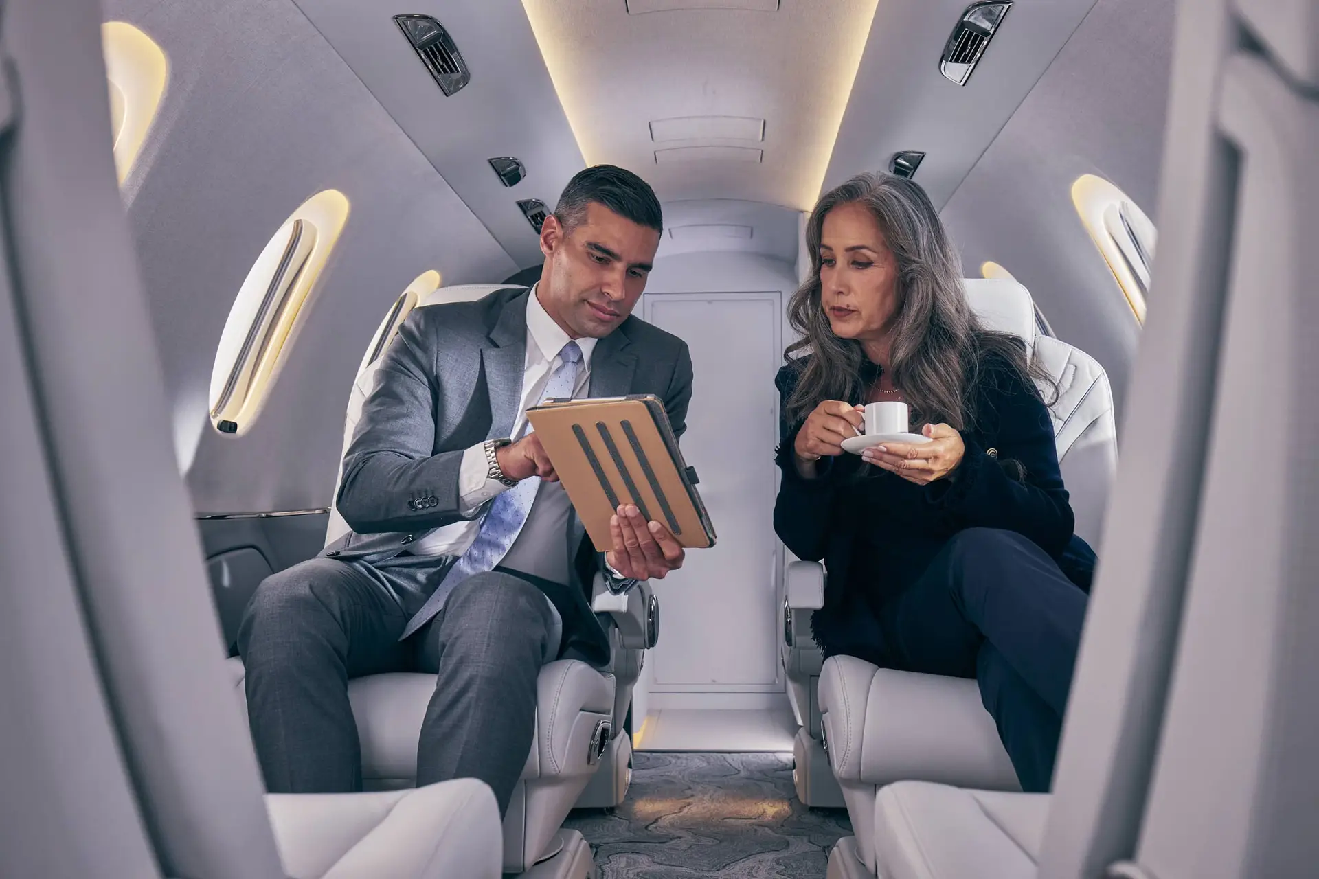 Business professionals discussing on private jet