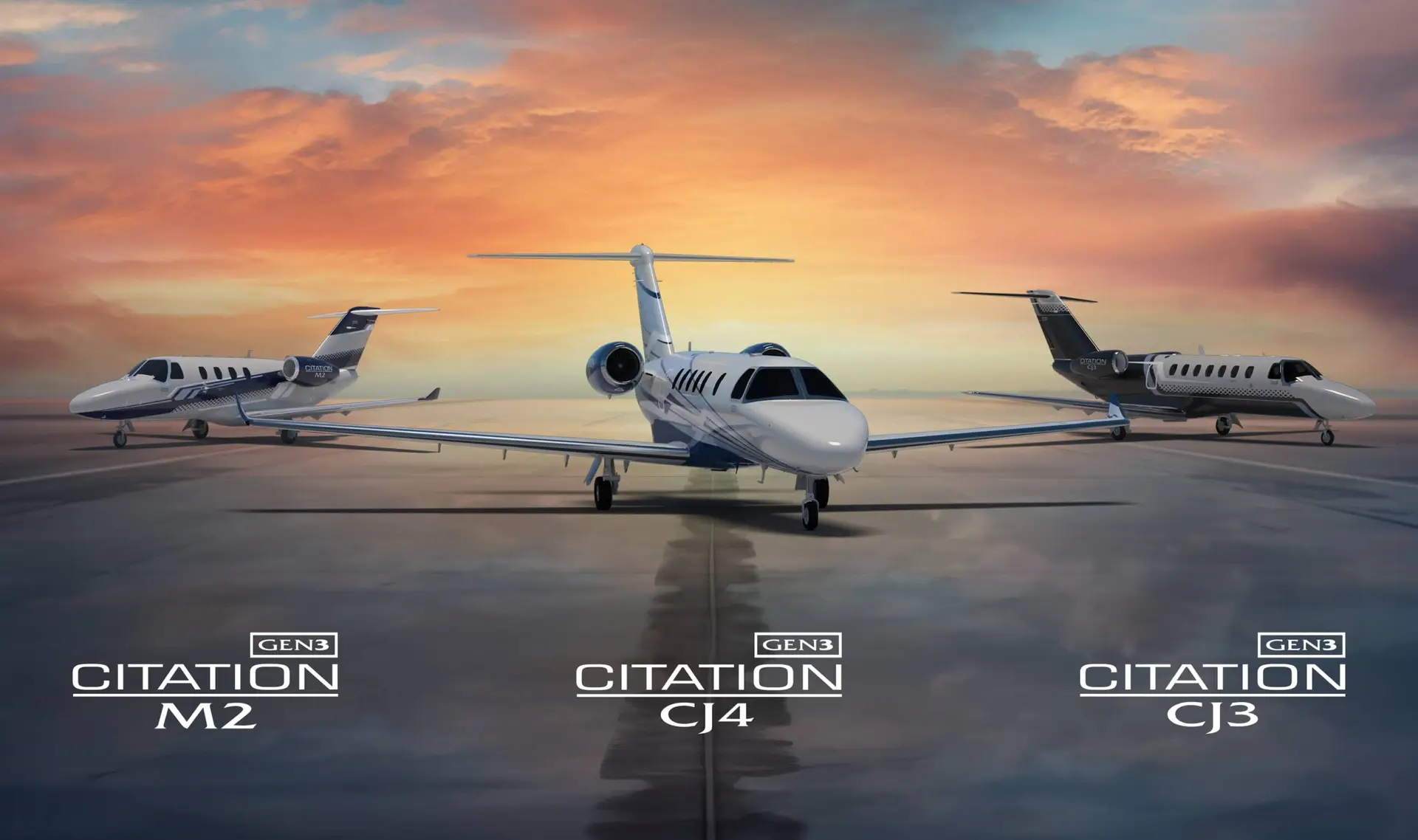 Three Citation jets parked at sunset