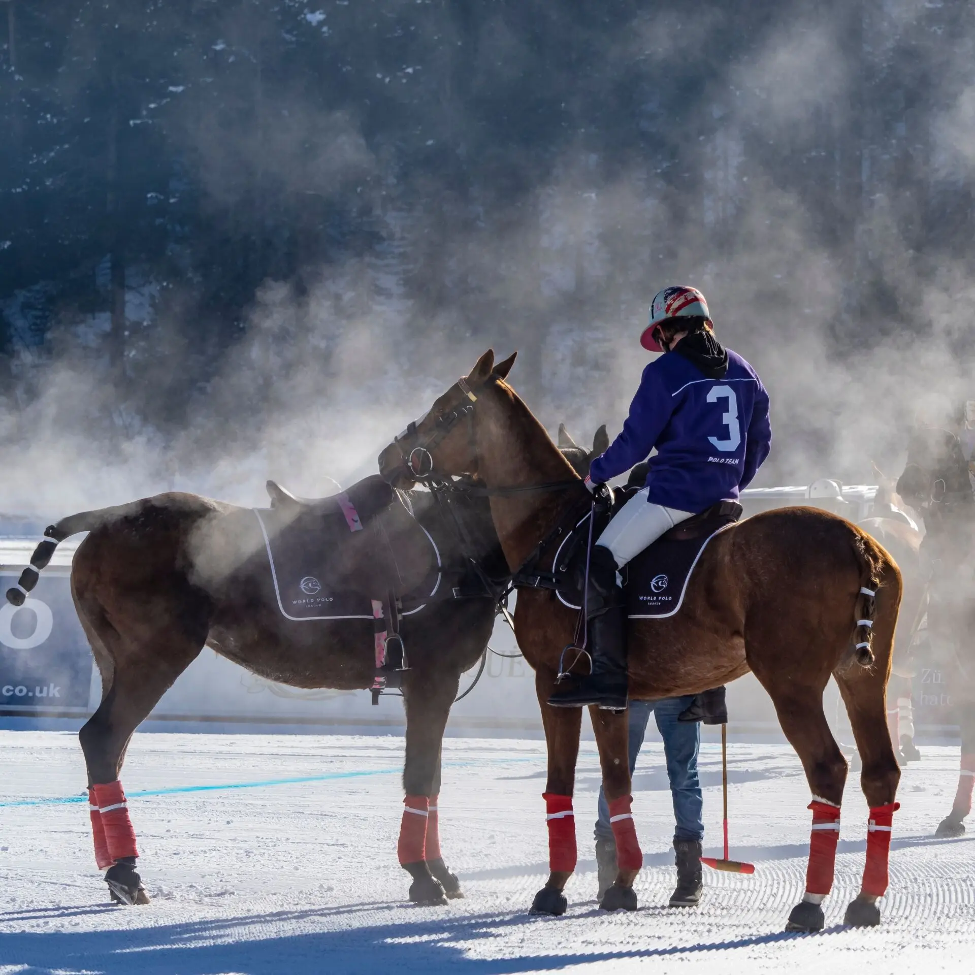 Horse polo players in snow, breath steam visible