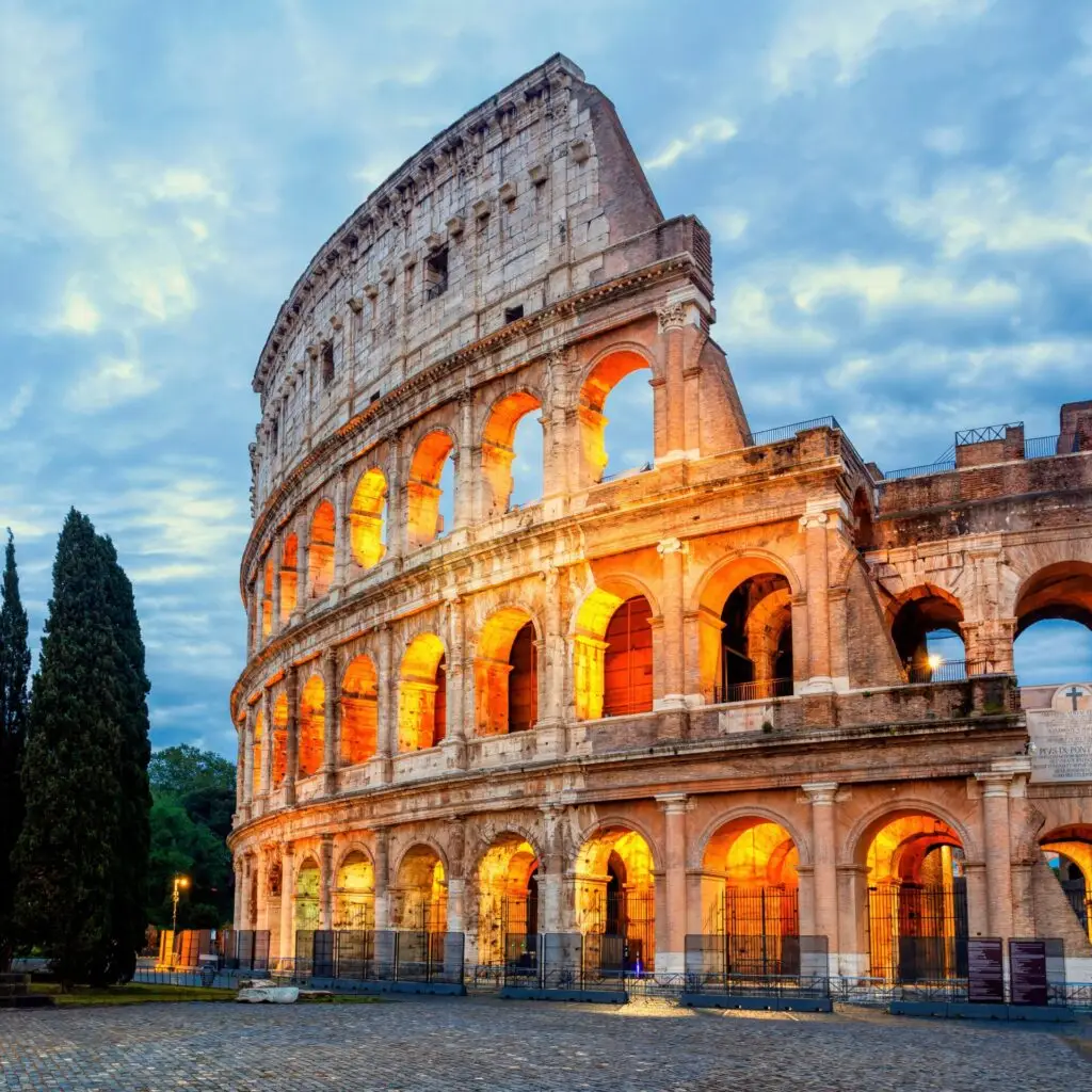 Illuminated Colosseum at twilight, Rome