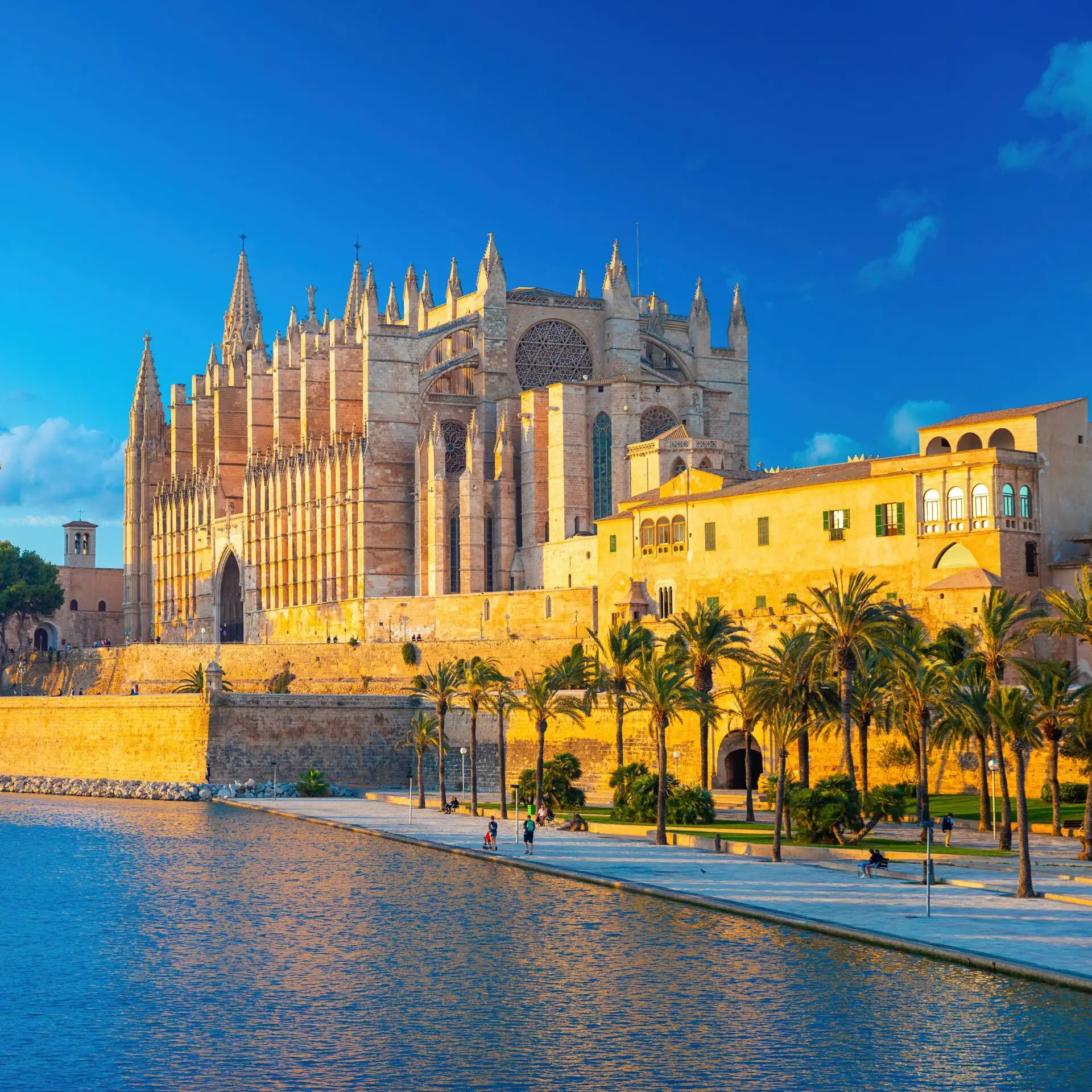 Cathedral by water against blue sky at sunset